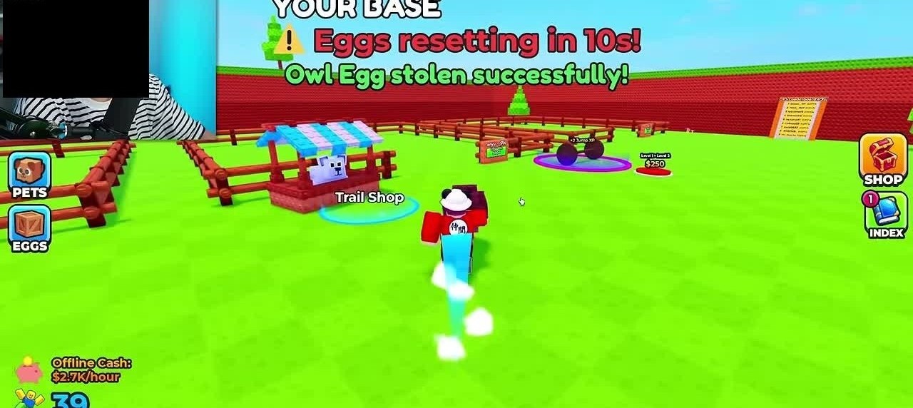 Your Base HUD with Shop and Index buttons on the right; Eggs resetting banner after a successful egg steal