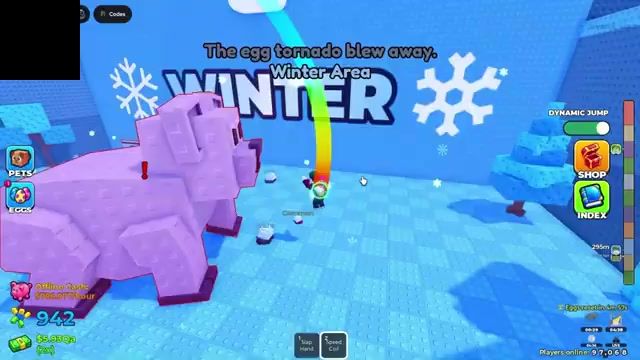 Jump for Animals Winter Area: large WINTER letters and snowflakes on an icy blue wall, Winter Area label and a pink blocky animal guard