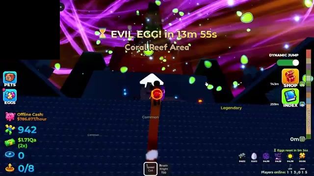 Jump for Animals Coral Reef Area label under an EVIL EGG! in 13m 55s countdown banner, with green particles over the dark Coral Reef ledge