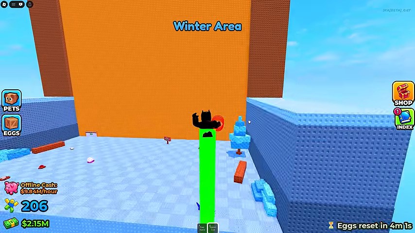 Winter Area label on icy platforms with Eggs menu and Index on the HUD