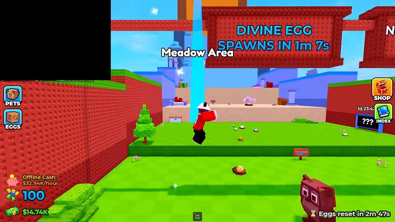 Meadow Area with DIVINE EGG SPAWNS IN countdown banner and Eggs reset timer