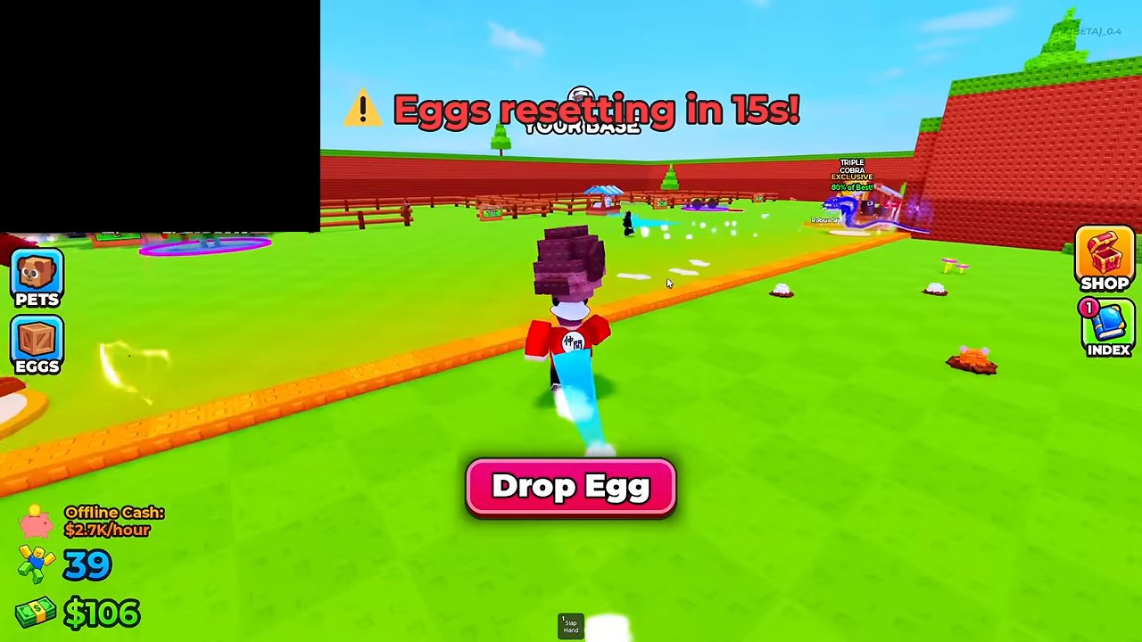 YOUR BASE with Eggs resetting toast and Drop Egg control visible